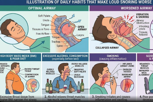 An illustration depicting daily habits that make loud snoring worse during sleep.
