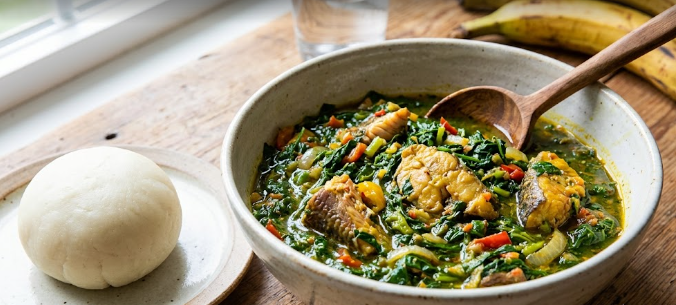 A balanced West African meal showcasing the healthy swallow to soup ratio.