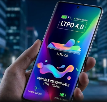 A high-end mobile phone showcasing a vibrant, power-saving LTPO 4.0 variable refresh rate display showing smooth graphic transitions.