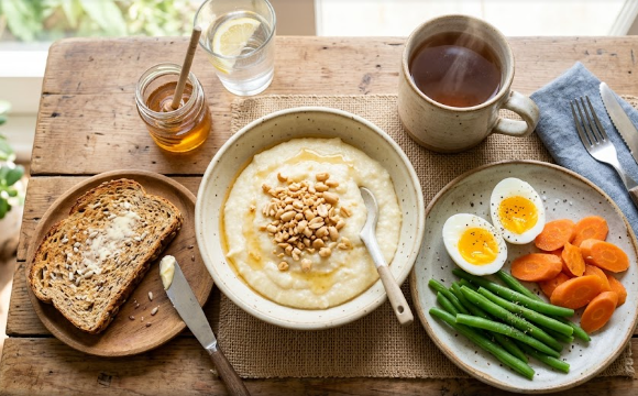 A healthy morning table layout with ingredients for preparing nutritious fast breakfasts.
