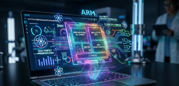  A sleek laptop showing the futuristic Nvidia RTX Spark Superchip running advanced AI tasks.