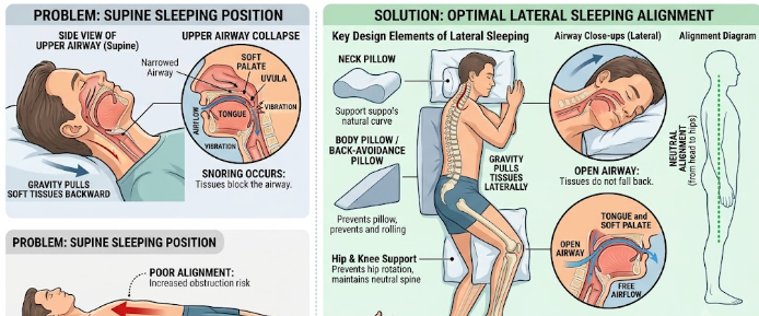Diagram showing lateral sleeping alignment designed to reduce snoring.