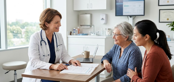 A medical professional explaining kidney care options in Nigeria to a patient.