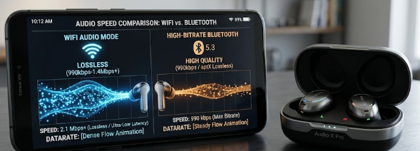 A modern smartphone and premium earbuds side-by-side, illustrating the Wi-Fi Audio Mode vs. High-Bitrate Bluetooth speed comparison.
