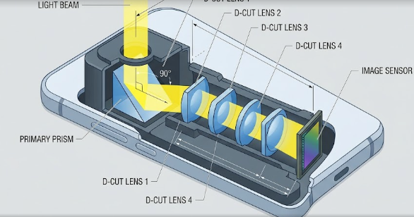  A detailed technical diagram illustrating the horizontal light path through periscope zoom telephoto optics in a modern smartphone.
