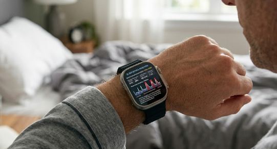 A smartwatch analyzing consumer sleep apnea detection data on a user's wrist.