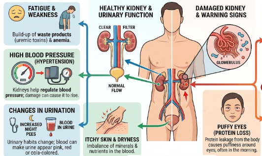 Medical diagram illustrating the early warning signs of kidney damage including puffy eyes and itchy skin