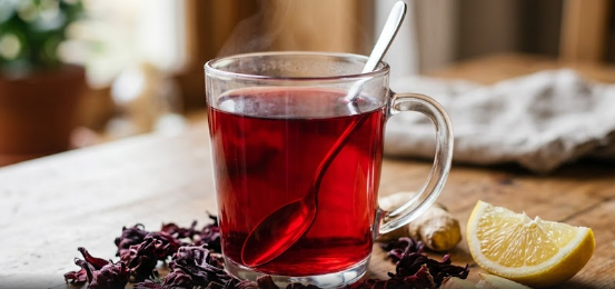 A warm mug of organic hibiscus tea for hypertension alongside fresh ginger and citrus on a wooden table.
