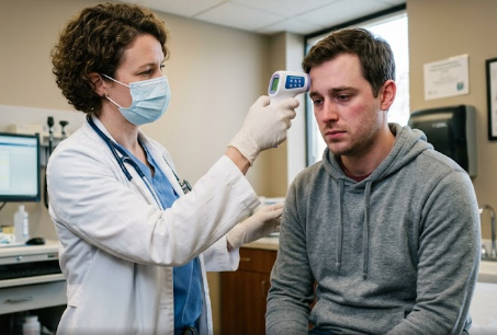A healthcare worker recognizing typhoid fever symptoms in a patient during a medical evaluation.
