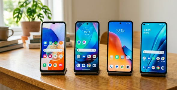 A selection of the best smartphones under ₦200,000 in Nigeria arranged neatly on a desk.