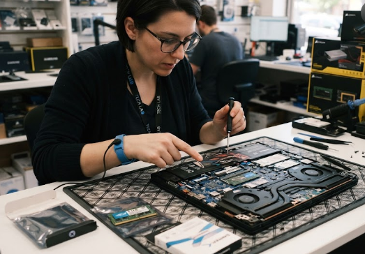  A technician reviewing gaming laptop upgradeability components like RAM and NVMe storage slots.
