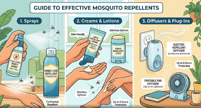 Illustration of the best mosquito repellents including sprays, creams, and diffusers.
