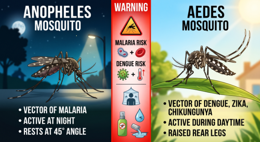 Infographic illustration comparing Malaria vs Dengue transmission and danger levels.