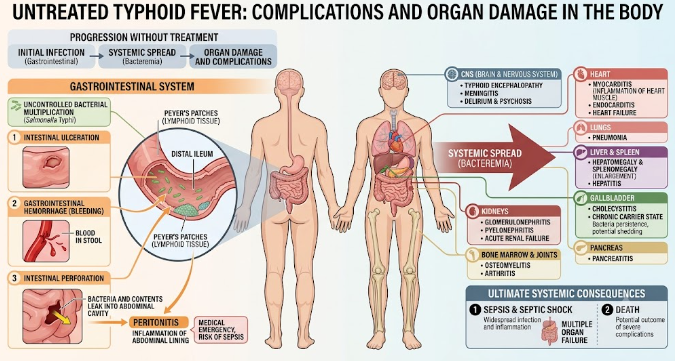 Medical diagram explaining untreated typhoid fever complications and organ damage in the body.
