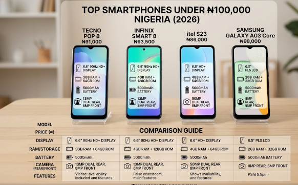 Selection of the best smartphones under ₦100,000 in nigeria placed side by side for comparison