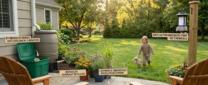 A clean yard setup designed to eliminate mosquitoes at home safely.