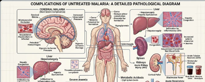 : A detailed medical diagram highlighting the complications of untreated malaria in the human brain and organs