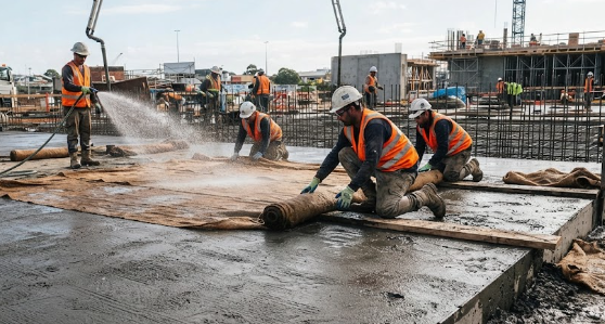 A construction site illustrating concrete curing essentials with workers keeping the surface moist.