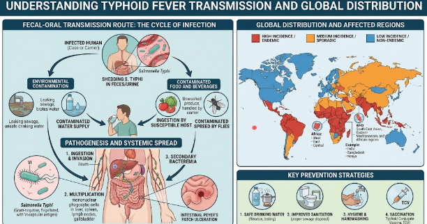  A detailed medical illustration for understanding typhoid fever transmission routes and affected global regions
