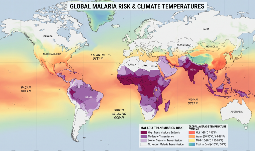 A detailed global malaria risk map showing high risk transmission zones and climate hotspots