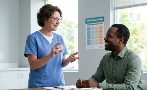 A healthcare professional discussing typhoid vaccine side effects with a patient in a clinic.