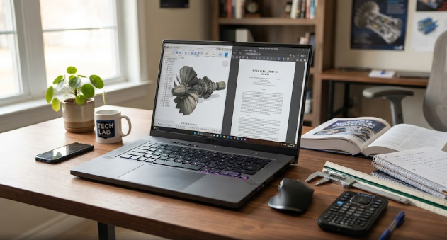 A high-performance gaming laptop for work and school set up on a clean wooden desk next to engineering notes.