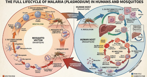 A detailed medical illustration showing the full lifecycle of malaria in humans and mosquitoes.