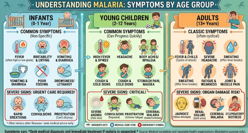 An infographic illustrating malaria symptoms by age across infants, young children, and adult patients.
