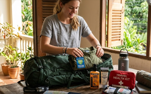 A traveler packing gear and insect repellent for malaria travel safety.