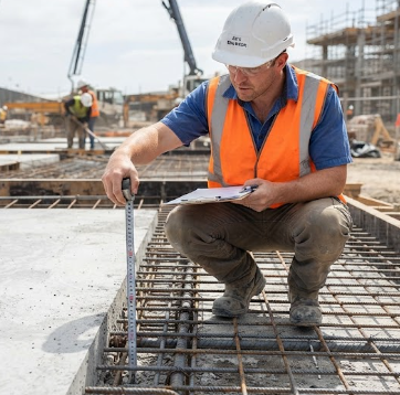 A structural engineer checking parameters for determining the minimum thickness of reinforced concrete slabs on site.