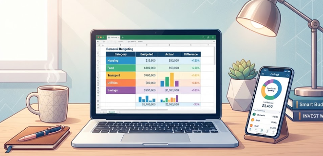 A laptop and smartphone showing personal finance software demonstrating how do I create a realistic monthly budget that I can actually stick to.
