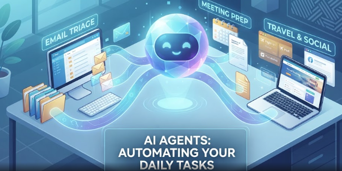 An isometric digital illustration, styled as a modern tech guide feature image, shows a glowing, multifaceted blue and purple AI assistant orb floating above an office desk. The orb has subtle, friendly digital eyes. From the orb, multiple stylized, semi-transparent blue and purple light ribbons reach out to connect with various items on the desk. On the left, a ribbon connects to a desktop computer showing an email inbox, with a floating holographic label "EMAIL TRIAGE." In the center, another ribbon connects to a calendar and a document, with the label "MEETING PREP." On the right, a third ribbon connects to a laptop displaying travel and social media content, with the label "TRAVEL & SOCIAL." Below the main assistant orb, a large, prominent holographic overlay features the text "AI AGENTS: AUTOMATING YOUR DAILY TASKS" in a clean, modern sans-serif font, with the subtitle "Your Proactive Digital Assistant." The background is a stylized office with potted plants and geometric patterns, all rendered in cool blue and purple tones with glowing digital accents.