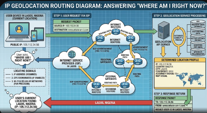 IP geolocation routing diagram showing network nodes answering where am I right now?