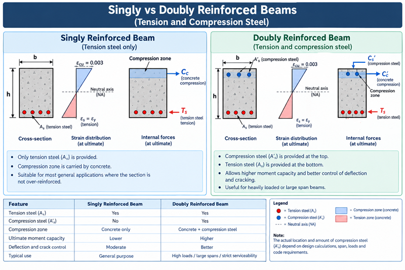  Structural diagram comparing singly vs doubly reinforced beams showing tension and compression steel.