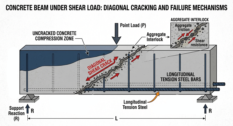 Technical diagram showing unreinforced concrete shear capacity mechanisms in a concrete beam cross-section.
