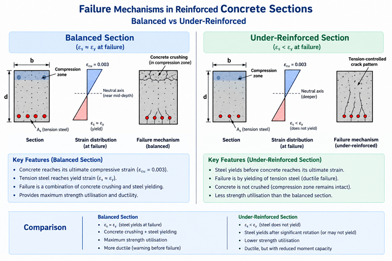 A structural diagram showing the failure mechanisms of balanced vs under-reinforced sections in concrete design