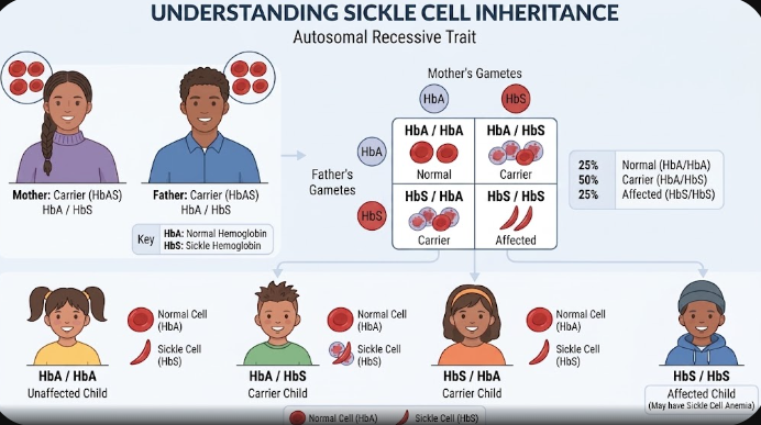 An illustration explaining the genetics of sickle cell inheritance from parents to children.