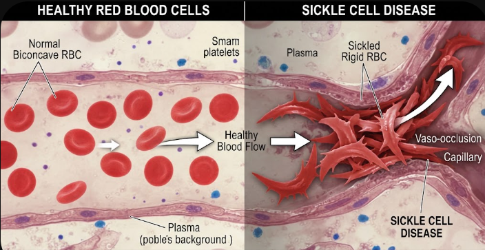 A microscopic view comparing round healthy red blood cells to rigid C-shaped cells, illustrating the basics of sickle cell disease.