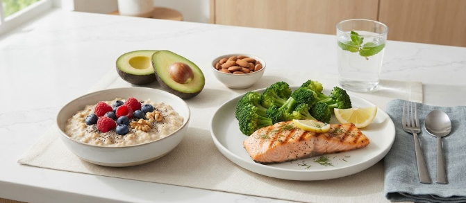 A healthy dietary spread showing foods used when asking how do I lower my high cholesterol through diet alone.