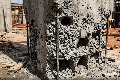 A detailed illustration explaining the causes of honeycombing in concrete structures on a construction site.
