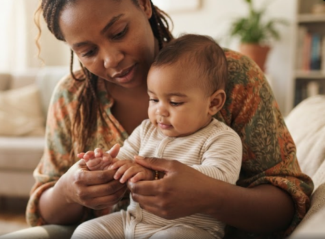 A mother checking her baby's hands for the early warning signs of sickle cell in children.