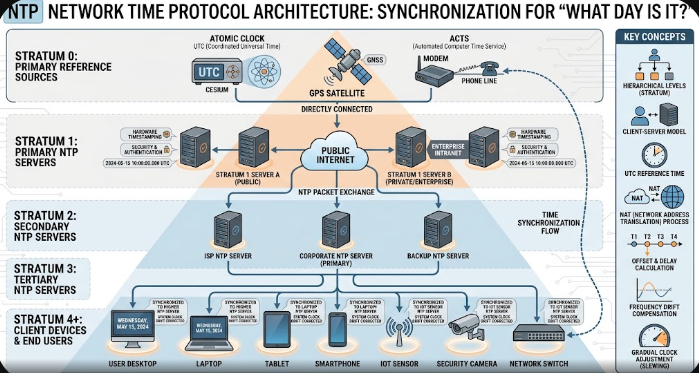 Network time protocol server architecture showing device synchronization for tracking what day is it?