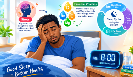  A person sitting on a bed looking tired next to an 8-hour clock illustration explaining why am I always tired even when I get 8 hours of sleep.