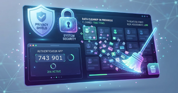 A sleek digital illustration showing a user interface dashboard with privacy shields, a padlock, an authenticator app screen, and a broom icon wiping away scattered personal data icons, vibrant modern vector graphics, technology blog style.