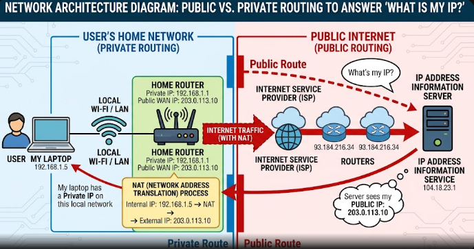 Network architecture diagram showing public and private routing to answer what is my IP?