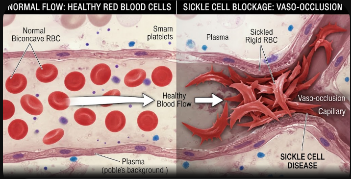 A medical illustration showing rigid red blood cells causing a traffic jam in a blood vessel during a sickle cell crisis.