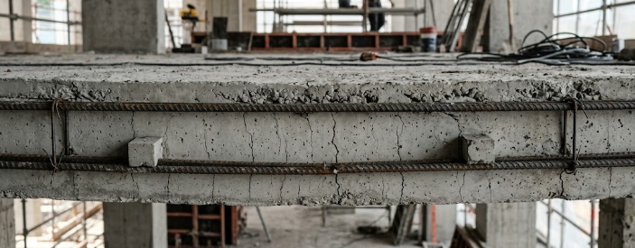 Illustration showing the main causes of sagging in concrete slabs and structural reinforcement layout.