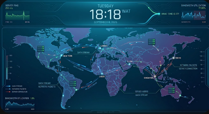 A sleek digital clock interface illustrating the keyphrase What time is it? alongside global server routing graphics