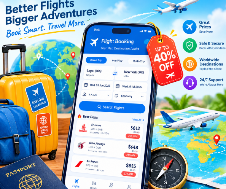 A smartphone displaying travel booking apps illustrating how can I find cheap flights and travel deals on a budget.