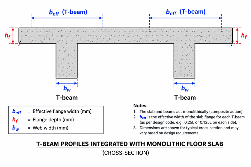 Cross-section diagram demonstrating flanged beam actions in concrete T-beams 